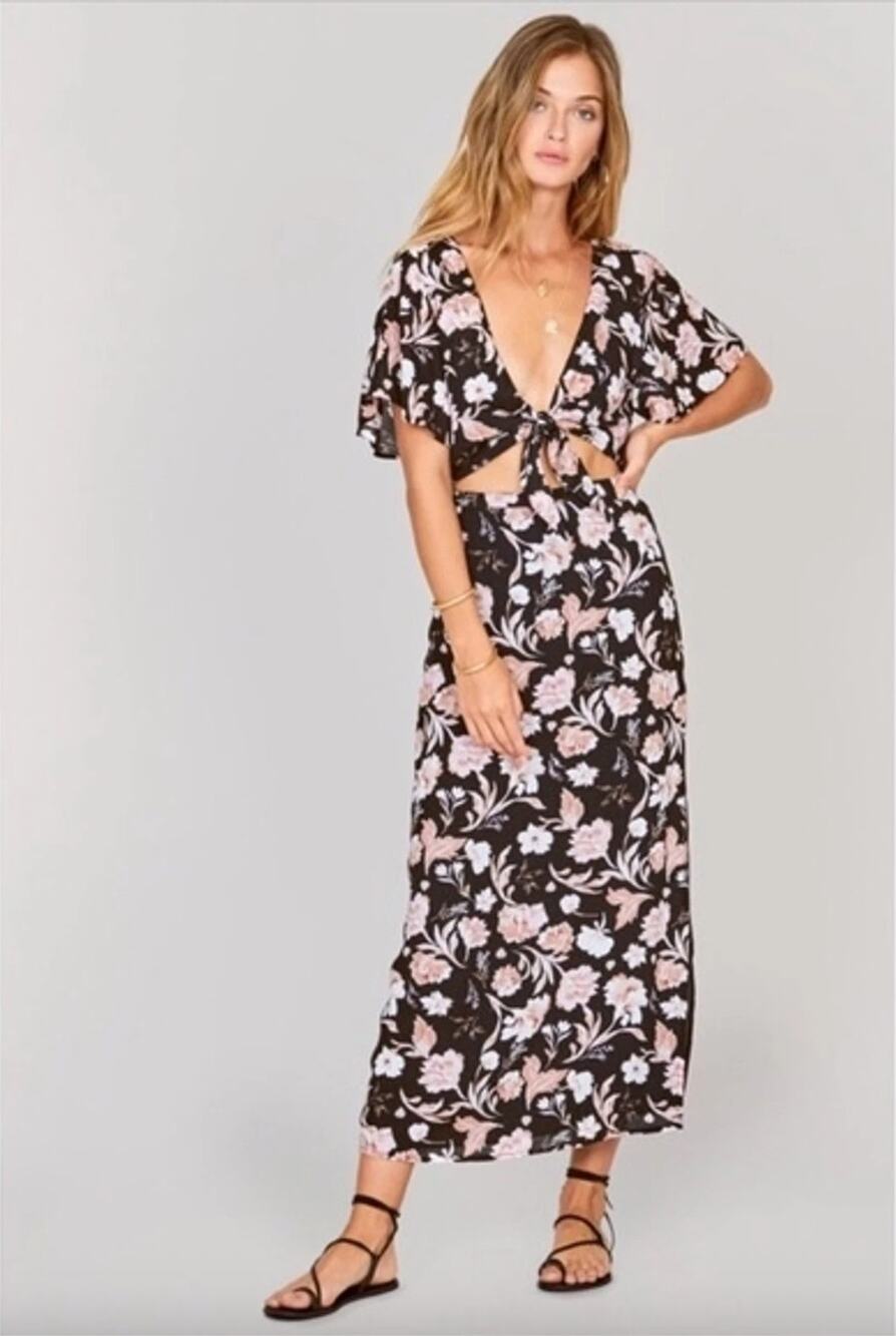 Amuse Society V-Neck Floral Cut Out Maxi Dress Size XS Vacation Party Summer